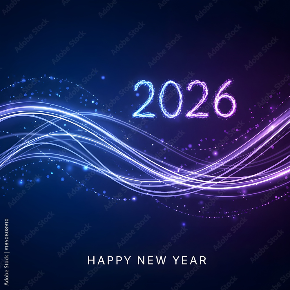 Obraz premium Happy new year 2026 glowing light lines and particles on dark blue background