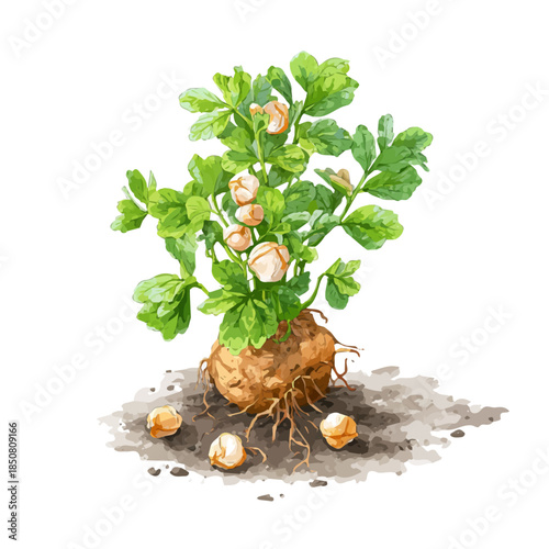 Watercolor isometric artwork featuring Chickpea Plant, presented on white background.