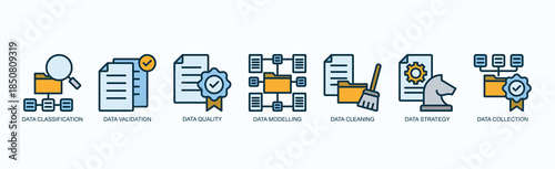 Strategic Data Icon Set Isolated Vector With Icon Of Data Classification, Data Validation, Data Quality, Data Modelling, Data Cleaning, Data Strategy, Data Collection In Outline Color Style