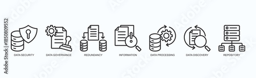 Digital Integrity Icon Set Isolated Vector With Icon Of Data Security, Data Governance, Redundancy, Information, Data Processing, Data Discovery, Repository In Outline Style