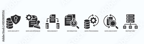 Digital Integrity Icon Set Isolated Vector With Icon Of Data Security, Data Governance, Redundancy, Information, Data Processing, Data Discovery, Repository In Black Style