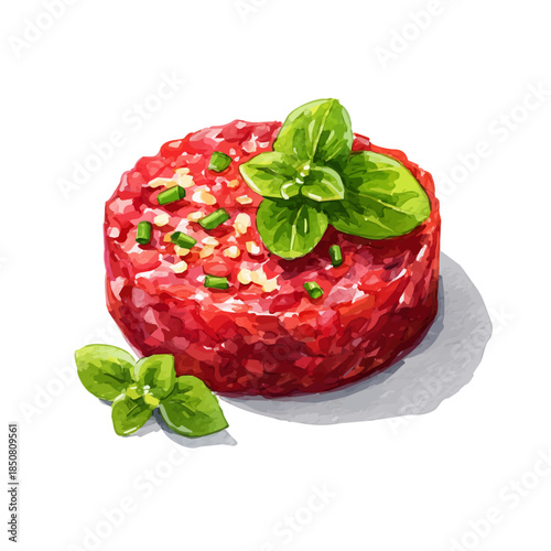 Isometric watercolor rendering of Steak Tartare, isolated on a clean white background.