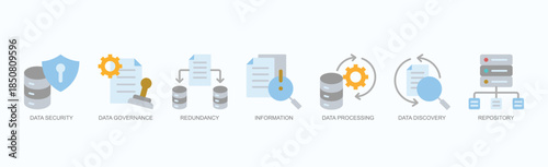 Digital Integrity Icon Set Isolated Vector With Icon Of Data Security, Data Governance, Redundancy, Information, Data Processing, Data Discovery, Repository In Flat Style