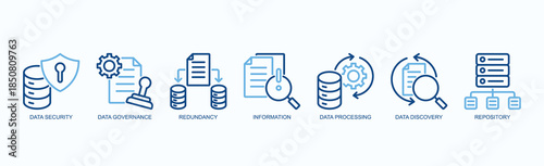 Digital Integrity Icon Set Isolated Vector With Icon Of Data Security, Data Governance, Redundancy, Information, Data Processing, Data Discovery, Repository In Two Color Outline Style