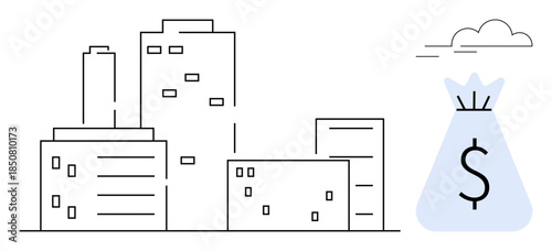 Skyline of modern office buildings next to a money bag icon with a dollar sign. Ideal for business growth, investments, real estate finance, urban economics, wealth management, corporate success
