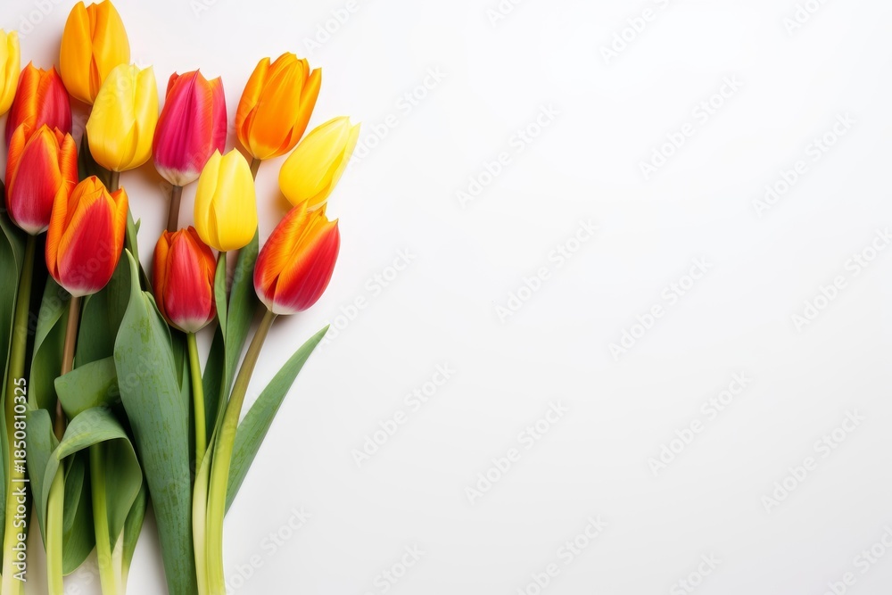Naklejka premium Beautiful bouquet of colorful tulips lying on a white background, creating a vibrant and elegant floral arrangement
