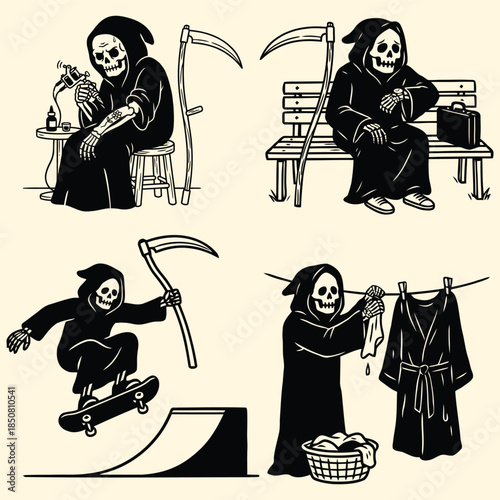 Set of Humorous Grim Reaper Vector Illustrations Daily Life Activities