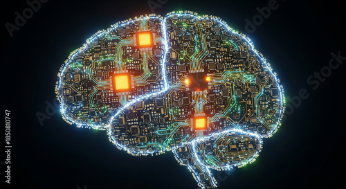 Glowing circuit board brain with microchips and neon lights