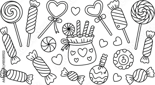 Coloring page featuring assorted candy and sweets Vector illustration