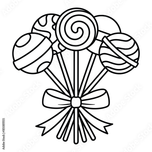 Coloring page of lollipop bouquet with ribbon Vector illustration