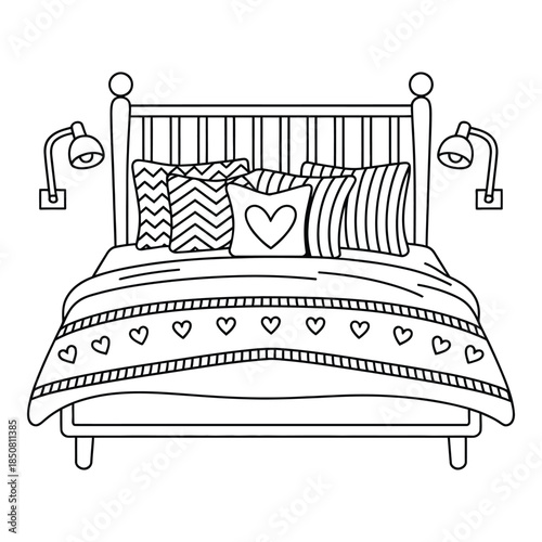 Cozy bedroom scene with heart patterned bedding and pillows Vector illustration