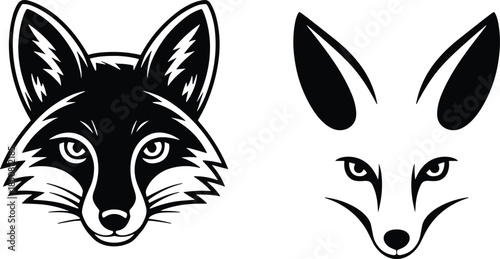 Black and white fox head logo variations minimalist animal mascot emblem wildlife illustration line art vector design set