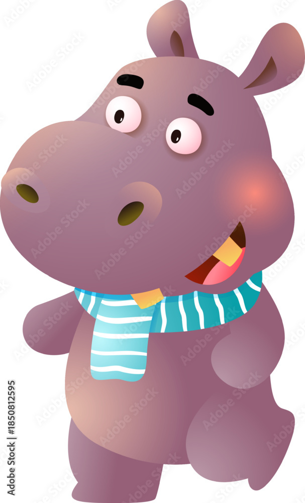 Naklejka premium Cute Cartoon Hippopotamus Character with Scarf