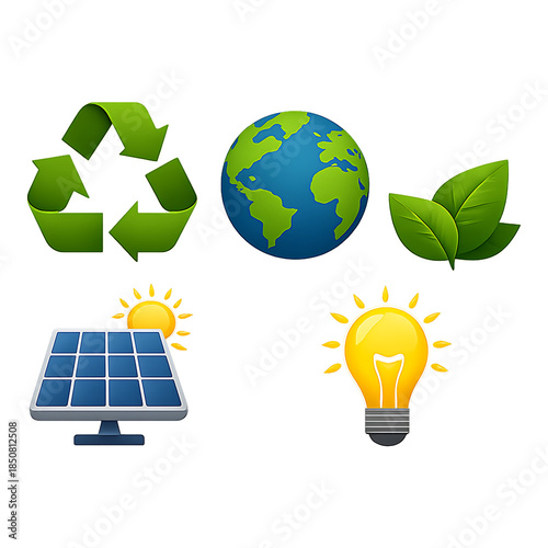 Global green energy concept featuring an eco-friendly planet earth globe illustration with leaves and recycling symbols to save the environment