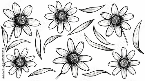 A delicate black-and-white floral illustration featuring daisies and leaves, creating an elegant and serene botanical design.