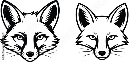 Black and white fox head logo variations minimalist animal mascot emblem wildlife illustration line art vector design set