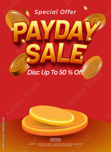 Red e-commerce banner for payday sales promotion. Editable text with 3D style. Ideal for online store marketing