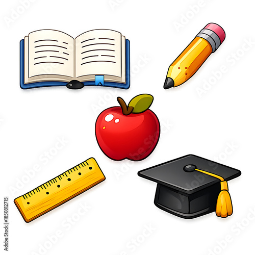 A vibrant back to school design featuring a school stationery set with a red apple, pencil, and ruler stacked on a notebook for healthy learning and education