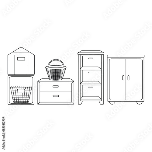 Furniture and storage units for organizing home Vector illustration
