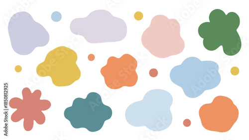 A vibrant assortment of colorful abstract organic blob shapes and playful dot elements, perfect for modern graphic design backgrounds, creative templates, and contemporary artistic projects