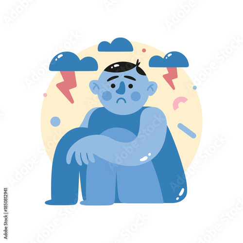 Blue Cartoon Person Sitting Sad and Lonely.