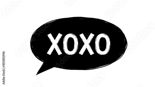 Cute black speech bubble with bold handwritten XOXO lettering expressing hugs and kisses in a fun playful romantic style