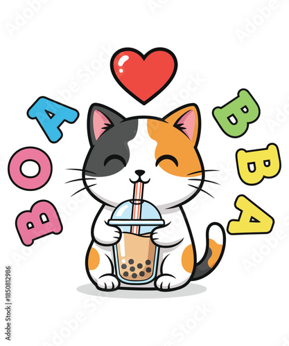 An adorable cartoon calico cat mascot illustration enjoying a delicious cup of boba tea with colorful letters