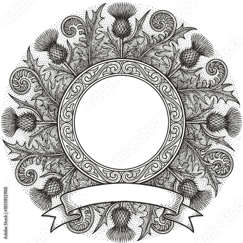 Vintage Thistle Emblem Vector with Ribbon on Transparent Background