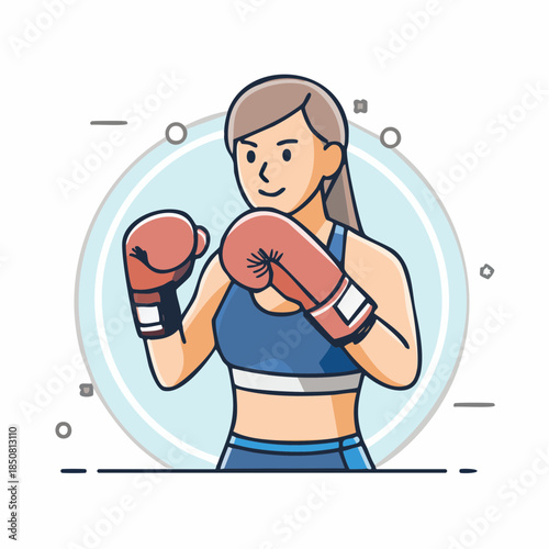 Dynamic illustration of a determined female boxer in fighting stance, ready for action, embodying strength, fitness, and athletic spirit in a vibrant style