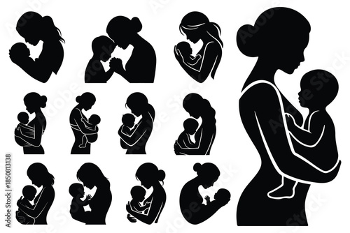 Silhouettes of mothers and children in various poses