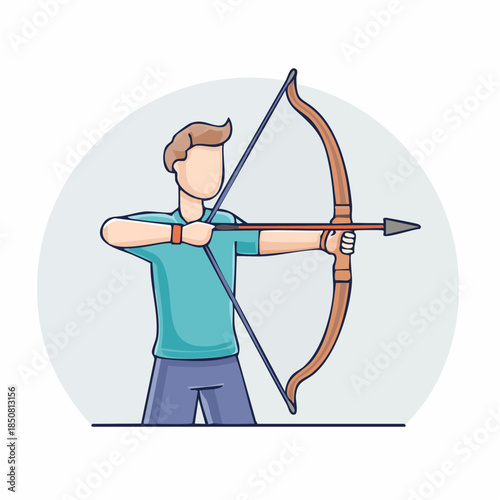 Dynamic illustration of an archer aiming a traditional wooden bow with an arrow, symbolizing precision, sport, and ancient skill in a modern flat line art style