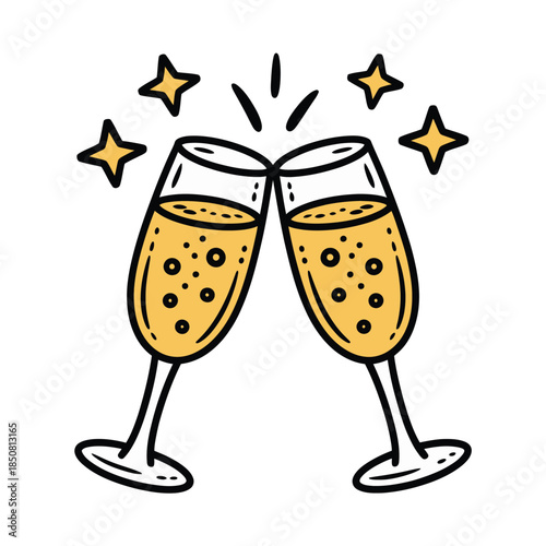 Two champagne glasses clinking together with celebratory stars, symbolizing joy and achievement.