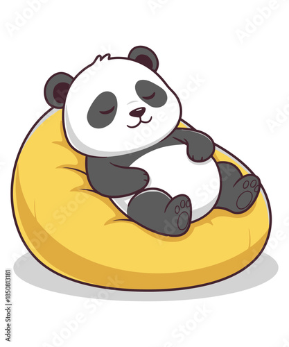 A cute cartoon panda character resting comfortably on a yellow bean bag chair