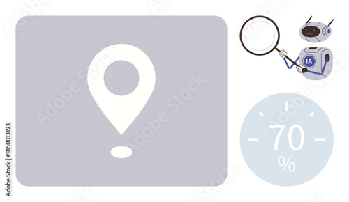 Robot analyzing location pin with magnifying glass, alongside a 70 progress meter. Ideal for data analysis, navigation, progress tracking, artificial intelligence, technology, location services