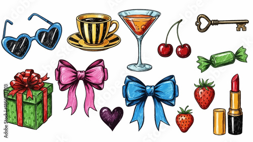 Colorful hand drawn fashion and lifestyle doodles with bows, gifts, sweets, fruits, sunglasses, lipstick and drinks