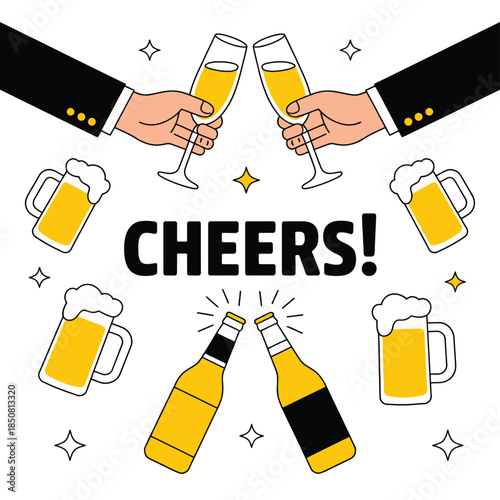 Celebration with clinking champagne glasses and beer mugs, conveying joy and good times.