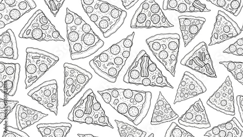 Hand-drawn black and white pizza slice doodle pattern filled with cheesy toppings, cute illustrations and fun food background design