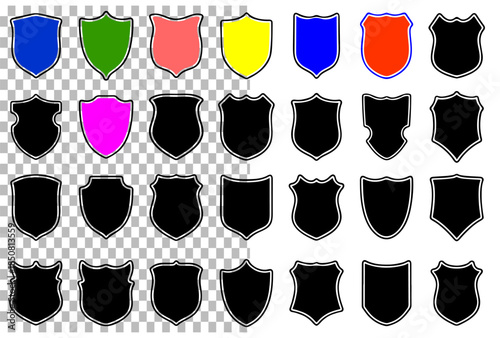 Set of glossy shield icon buttons in various colors for web and design use shield, icon, button, glossy, vector, web, design, security, protection, badge, symbol, interface, ui, app, element, set