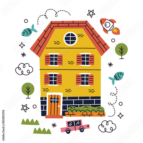 Bright yellow two story house illustration with shutters.