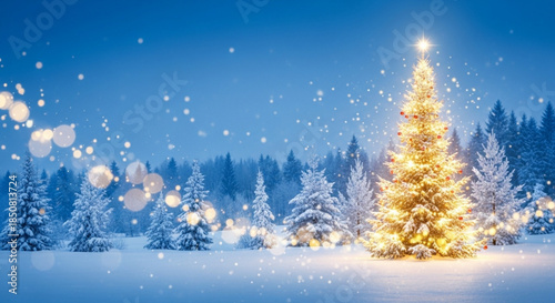 Magical blue Christmas and New year background with glowing light trails forming a spiral Christmas tree, star on. Winter scene of snow cold in winter forest. nature landscape white snowy season.