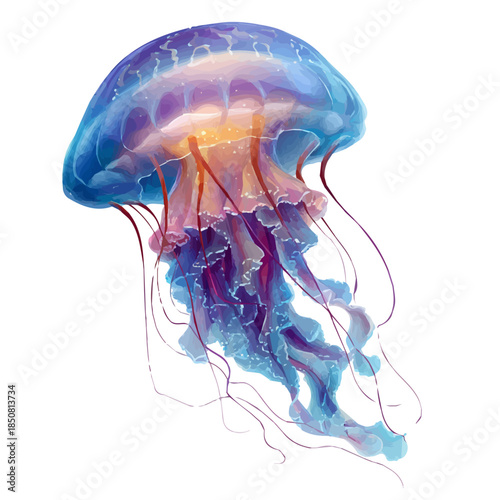 Artistic isometric watercolor image of Jellyfish, isolated on a white surface.