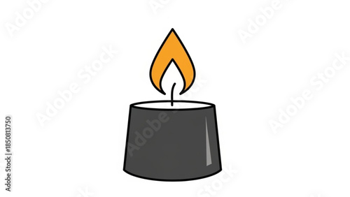A dark gray candle with a bright yellow flame burning on top against a white background
