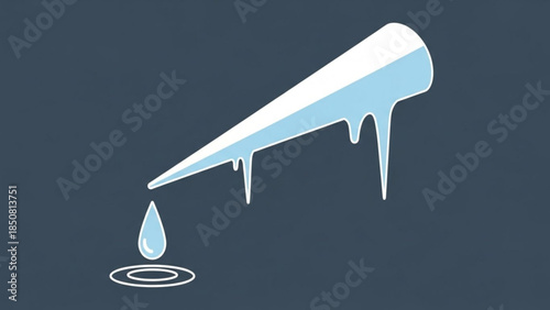 A single drop of liquid falls from a melting icicle shape on dark background, symbolizing cold temperatures and icy conditions