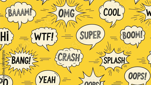 Vibrant yellow comic pop art background filled with fun speech bubbles, playful sound effects, and expressive cartoon words
