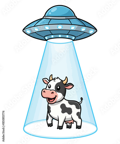 Humorous illustration of a cute cartoon cow being abducted by a flying saucer