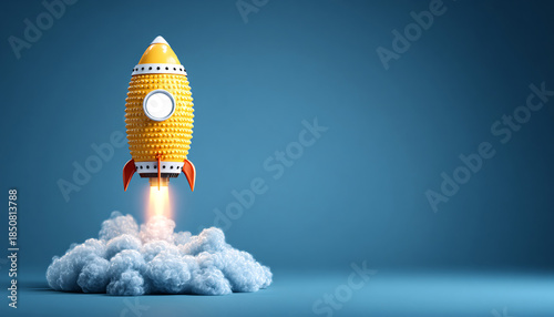 Cartoon Rocket Launching into Sky with Smoke Clouds on Blue Background 3D Illustration