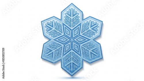 Intricately designed blue snowflake on white background with detailed patterns and symmetrical shapes