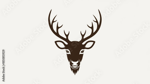 Brown deer head with large antlers on a beige background, a graphic illustration of a stag's face