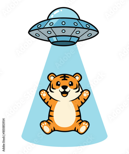An adorable baby tiger character being beamed up into a flying saucer
