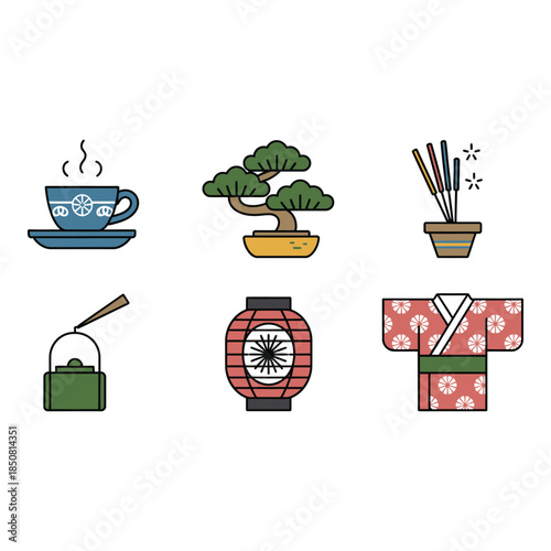 Japanese culture elements set Vector illustration